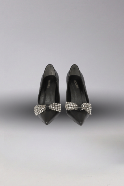 Taşlı Kurdeleli Siyah Mat Deri Abiye Ayakkabı