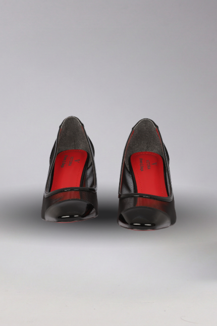 Transparan Fileli Siyah Rugan Küt Burun Ayakkabı